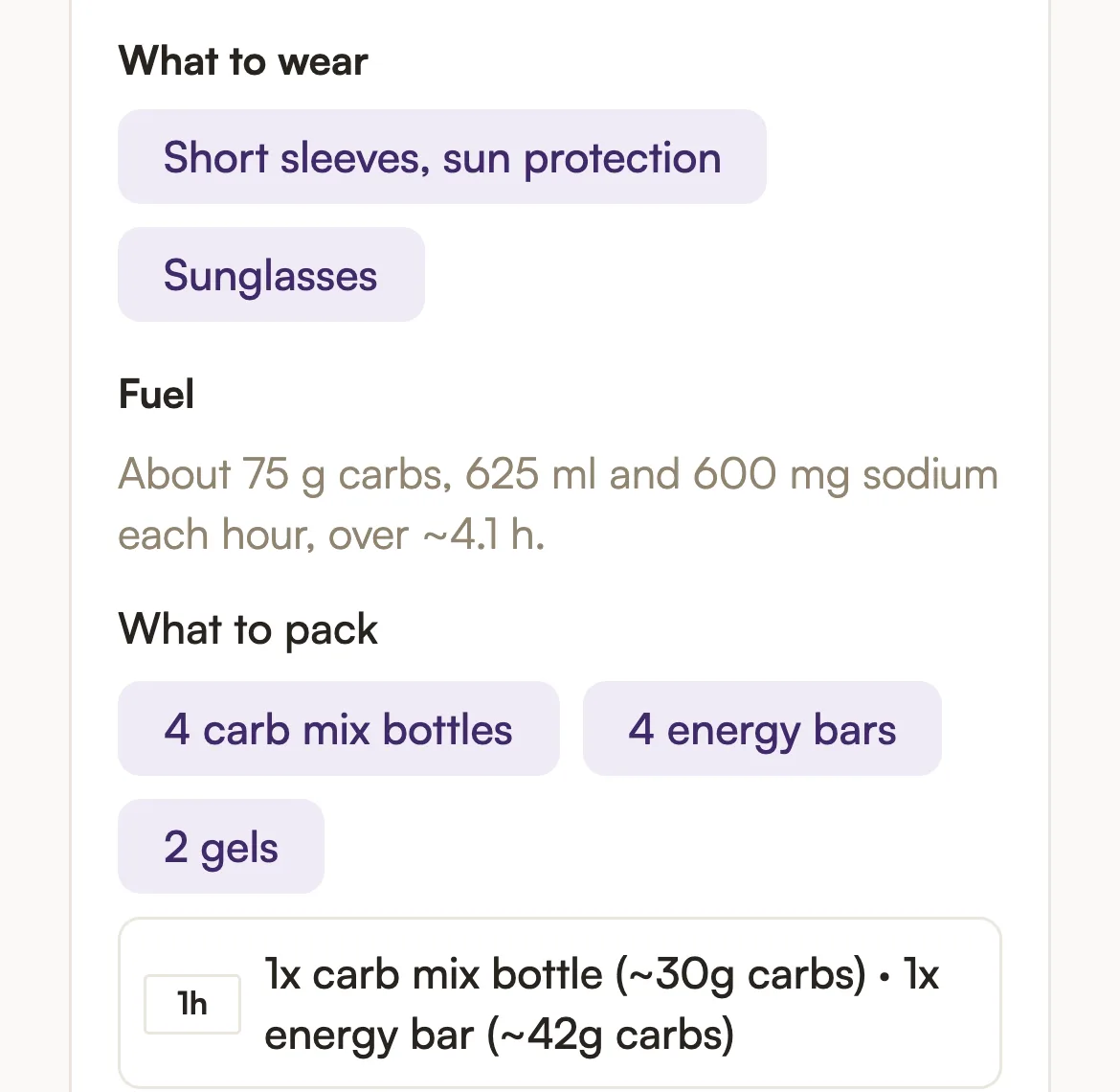 The app's advice for a ride: wear short sleeves and sunglasses, take about 75 g carbs and 625 ml per hour, pack 4 carb mix bottles, 4 energy bars and 2 gels