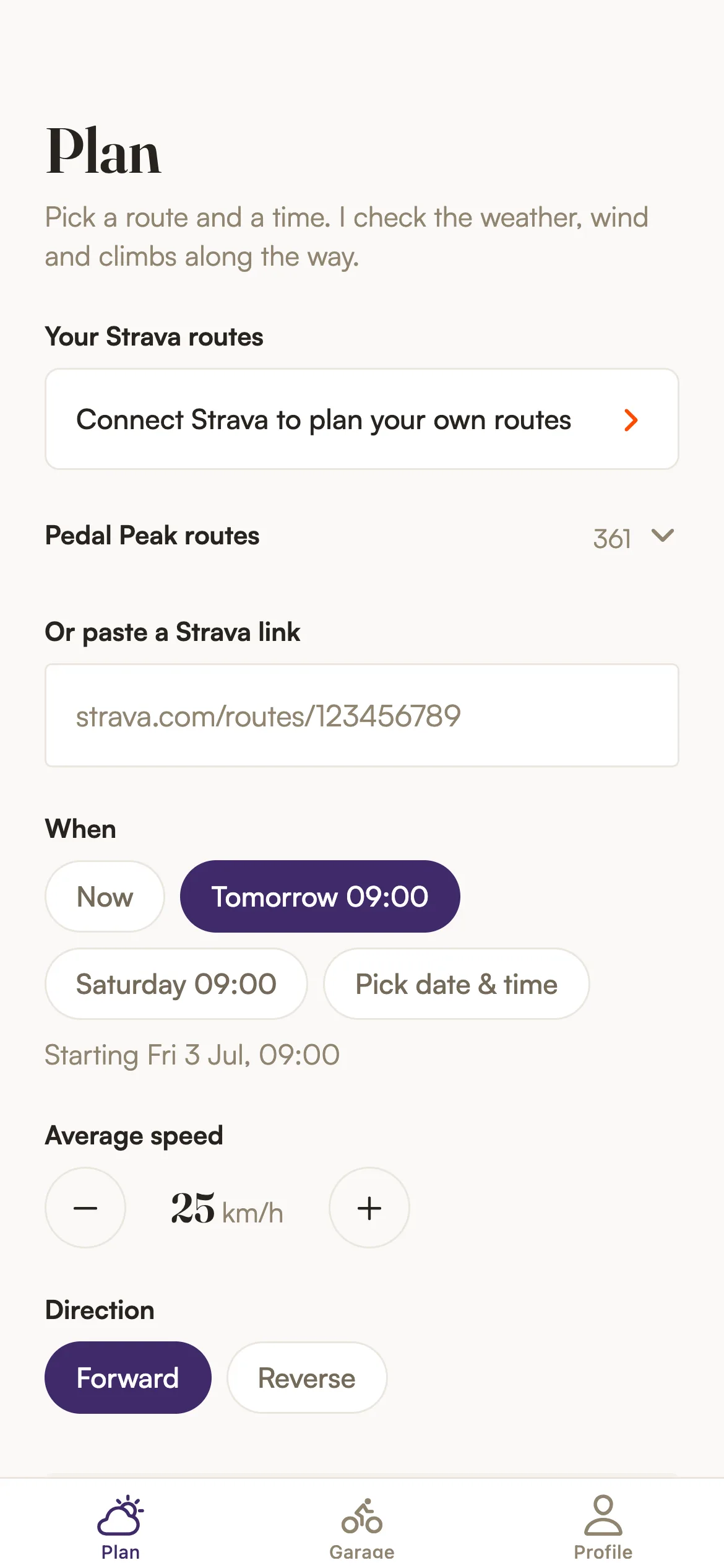 The app's Plan screen: pick one of your Strava routes or a Pedal Peak route, choose a start time, average speed and direction