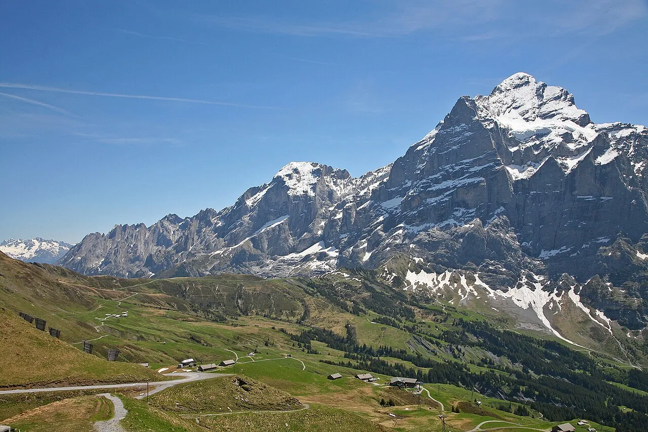 The Grosse Scheidegg road winding through green meadows below the Wetterhorn