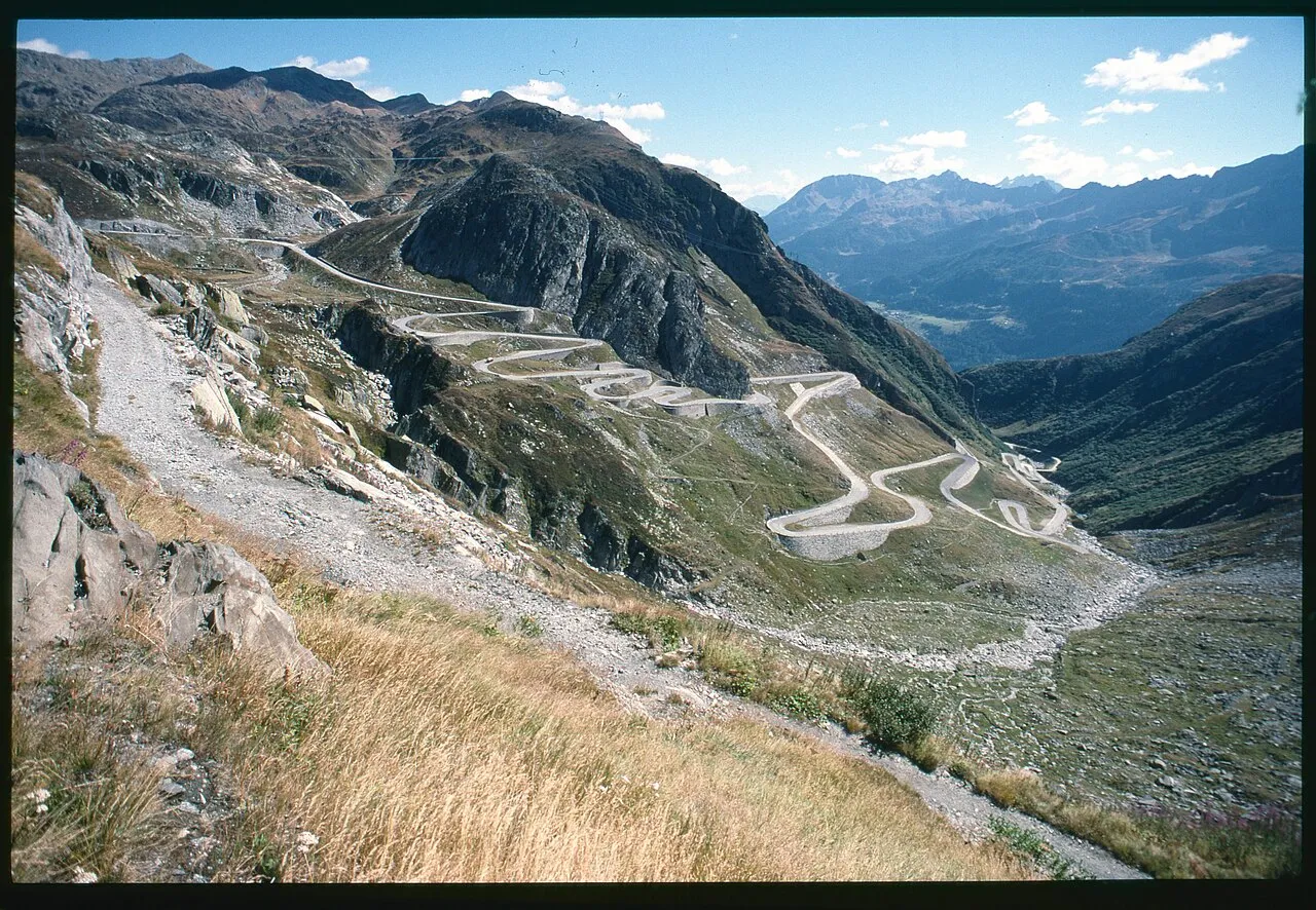 The cobblestone hairpins of the Via Tremola stacked above Airolo