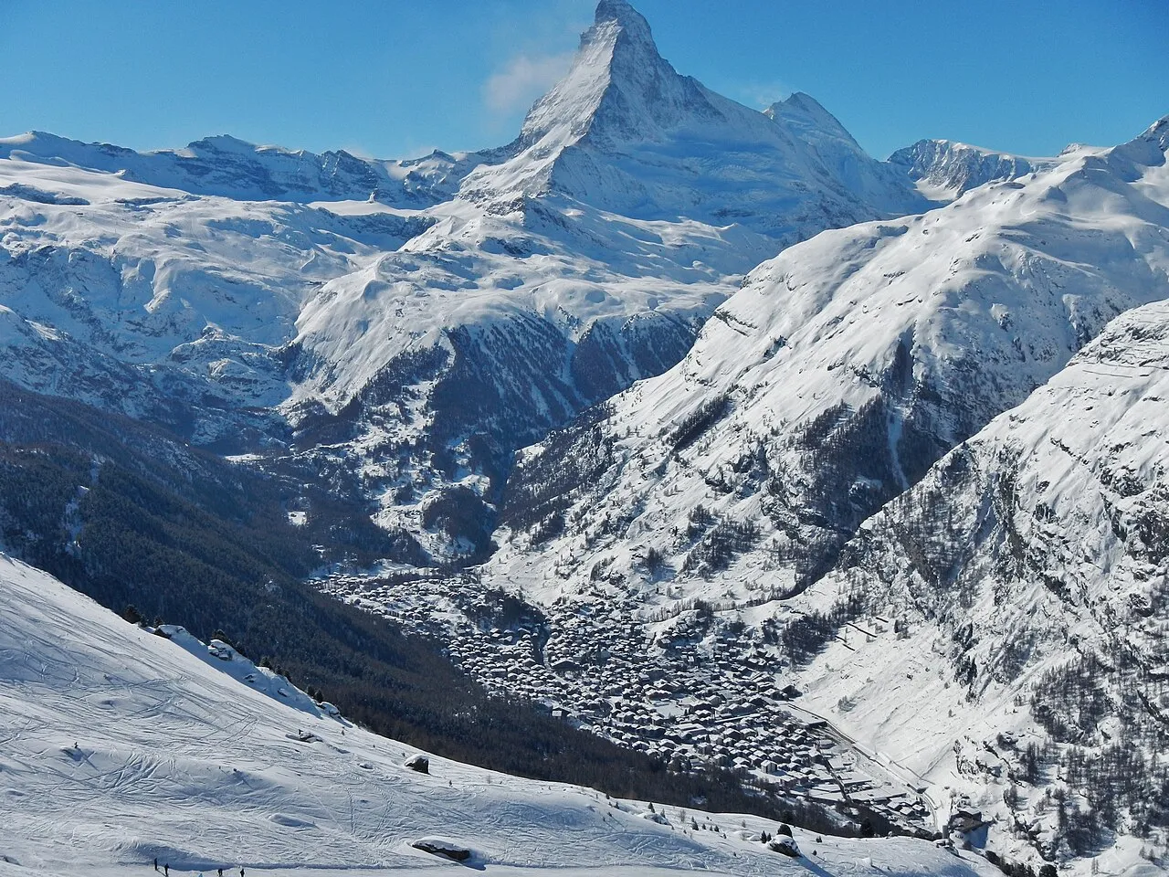 Looking down the Mattertal to Zermatt with the Matterhorn towering above